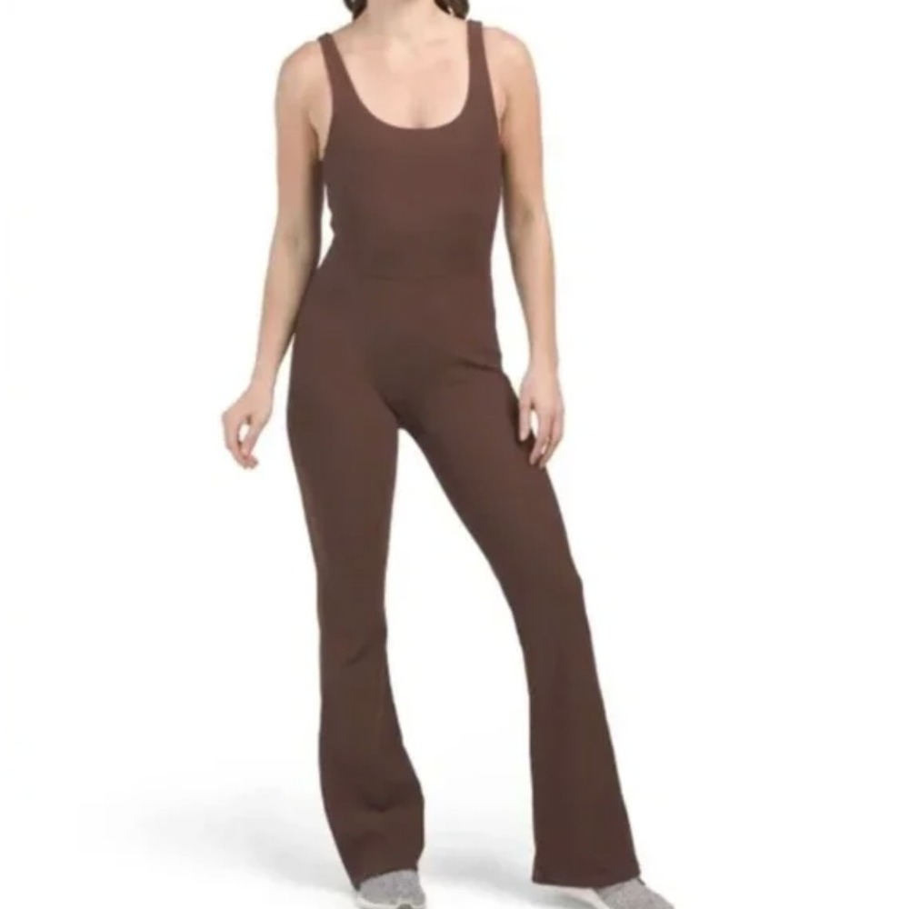 Wilo the Label Women Flare Jumpsuit Brown Athletic Travel Workout Loungewear Rib